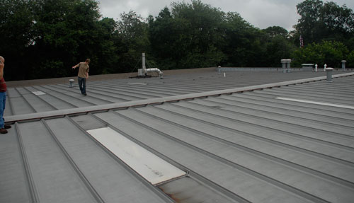 Metal roof over a commercial building