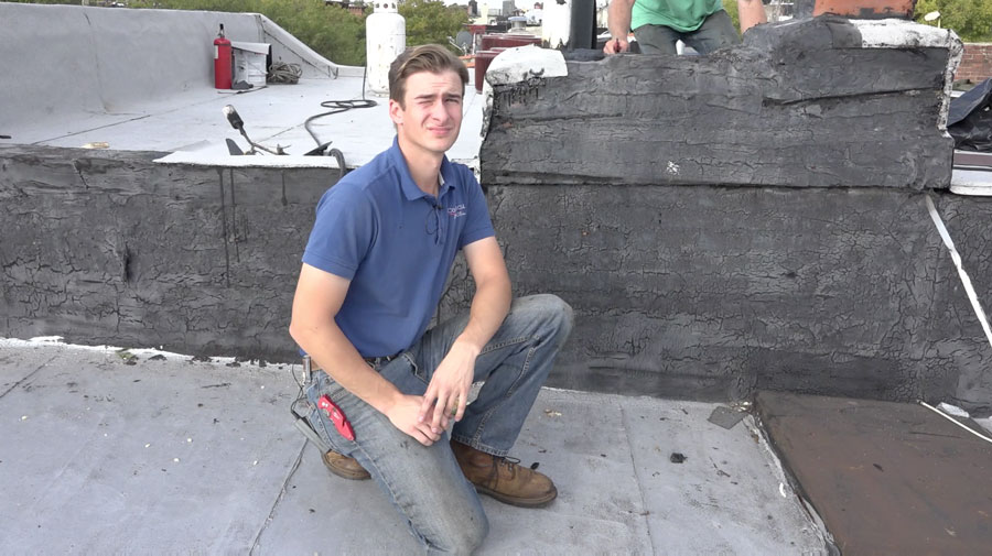 Chimneys and walls are smeared with tar for leak protection in Brooklyn and Manhattan. Chimneys and walls are smeared with tar for leak protection in Brooklyn and Manhattan.