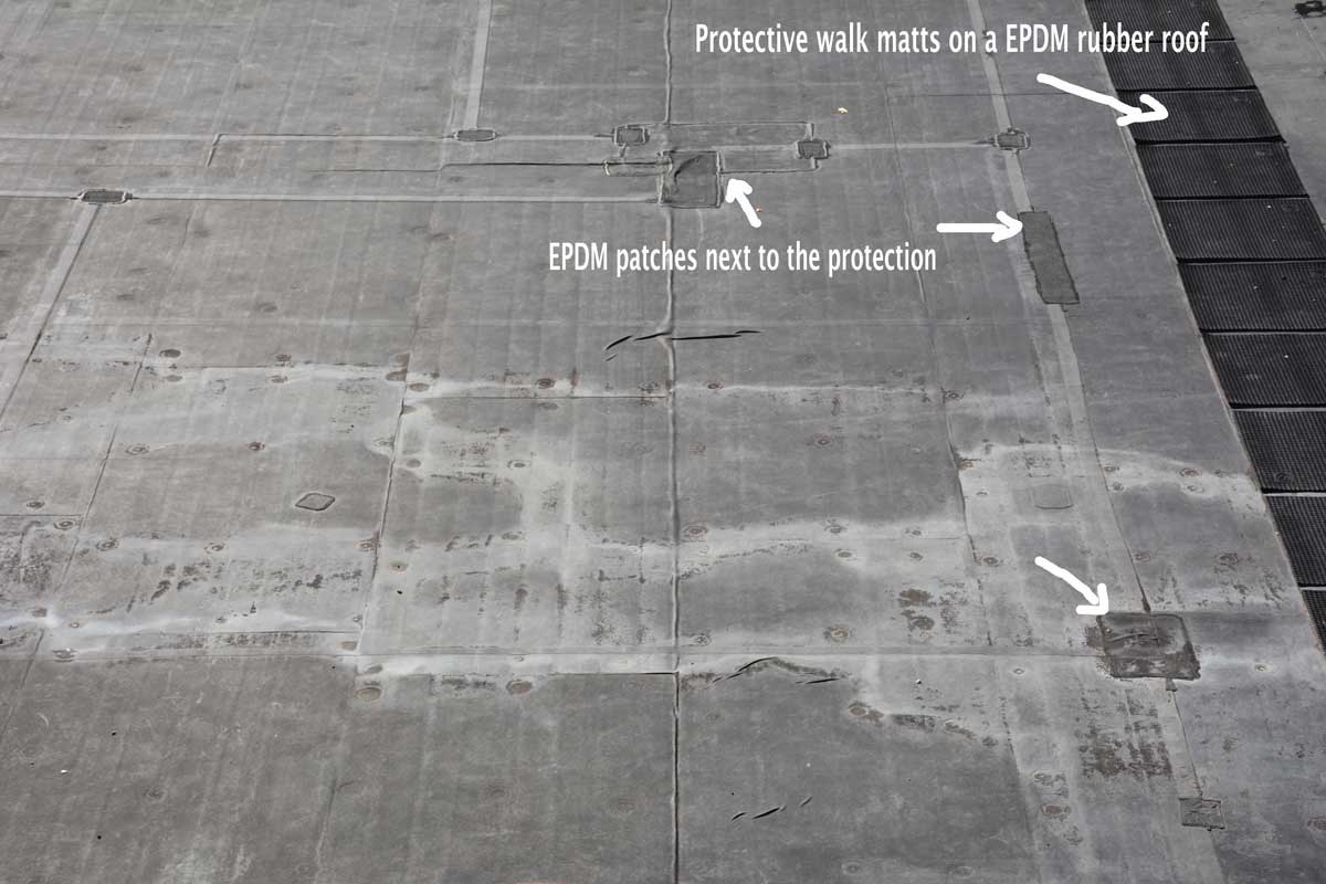 EPDM Rubber and Torch Down Rubber - The patches are an indication of an EPDM Rubber Roof failing prematurely.